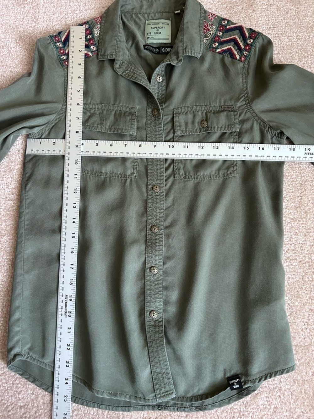 Superdry Olive Utility Embroidered Long Sleeve Button Down Shirt - Picture 6 of 8